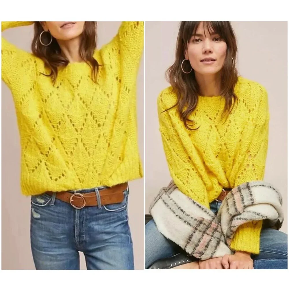 Anthropologie Sleeping On Snow Sweater Italy Alpaca Blend Yellow Boxy Fit size M